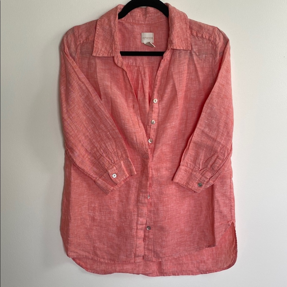 Chicos 100% Linen Size 0 - S/M Button Down Collared Shirt Pink